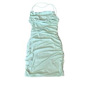 Bodycon Dress Mint Green Ruched Cowl Neck Mini Women Size Large